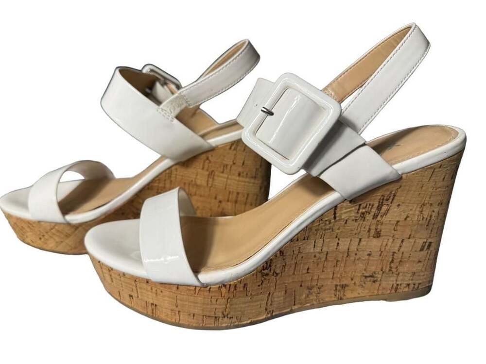 Xappeal Vivian White Patent Cork Platform Wedge Sandals Size 7.5 b1286